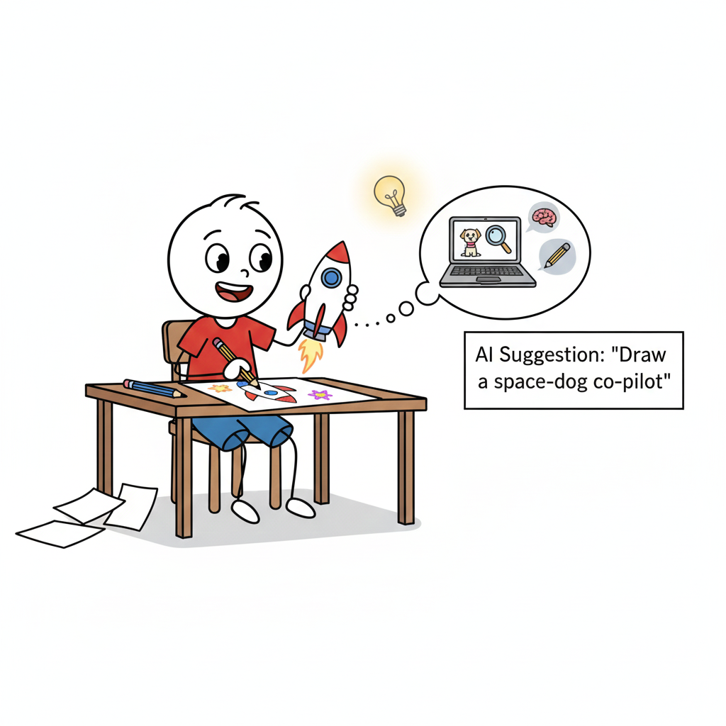 An image showing a  child drawing or writing with an AI 