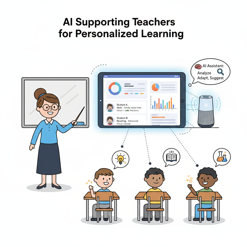 Diagram showing AI supporting a teacher with personalized learning data in the classroom, debunking **AI education myths**.