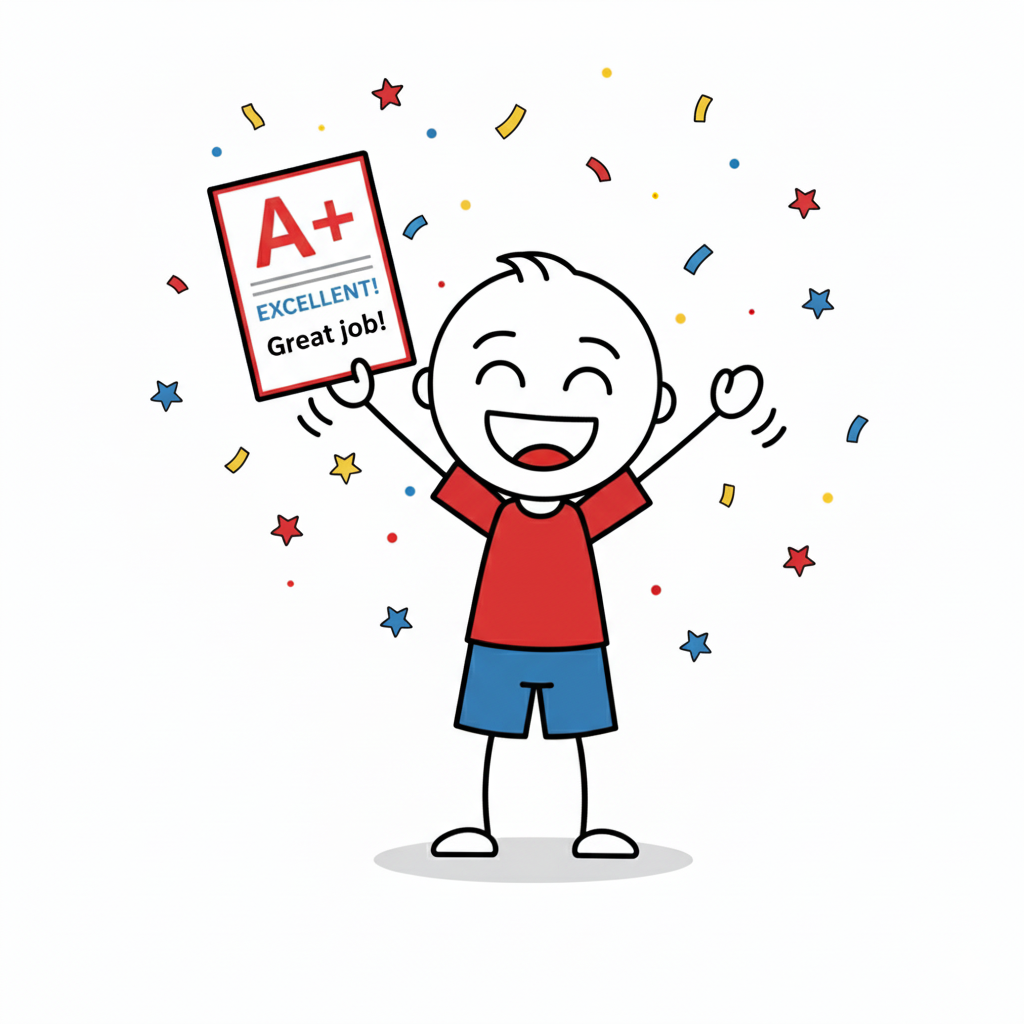 Child celebrating an A+ grade after using instant AI grading for exam practice