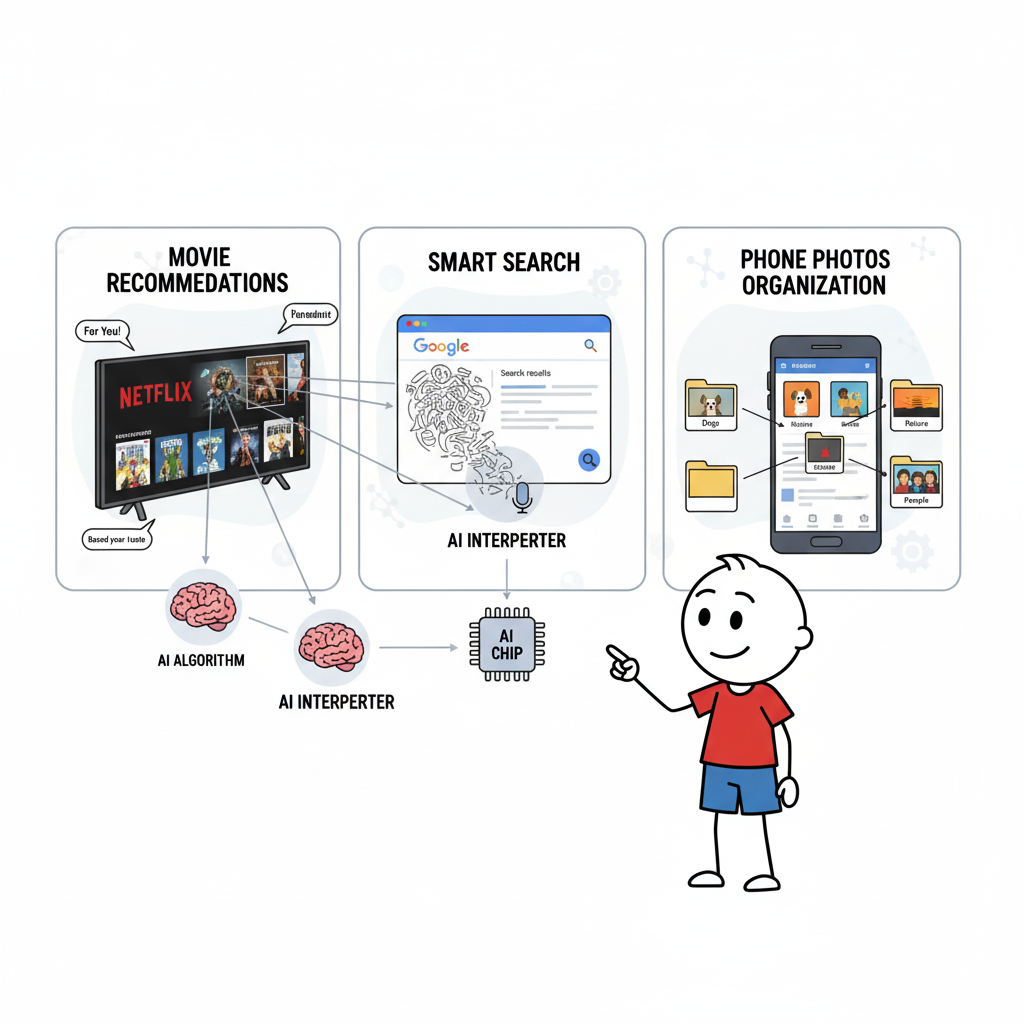 Diagram showing everyday examples of AI for parents in use, including Netflix recommendations and Google Search.