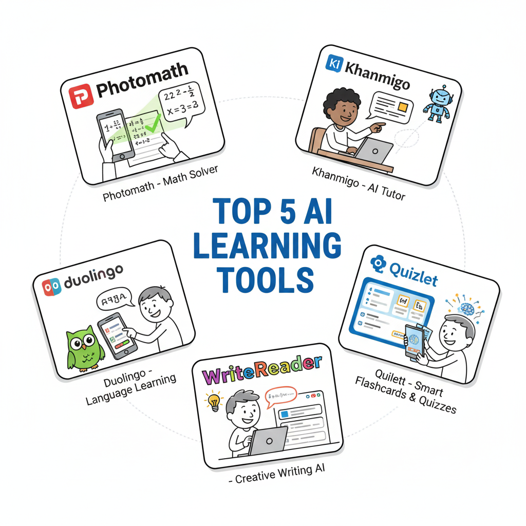 Collage of the 5 best AI learning tools including Photomath, Khanmigo, Duolingo, Quizlet, and WriteReader.