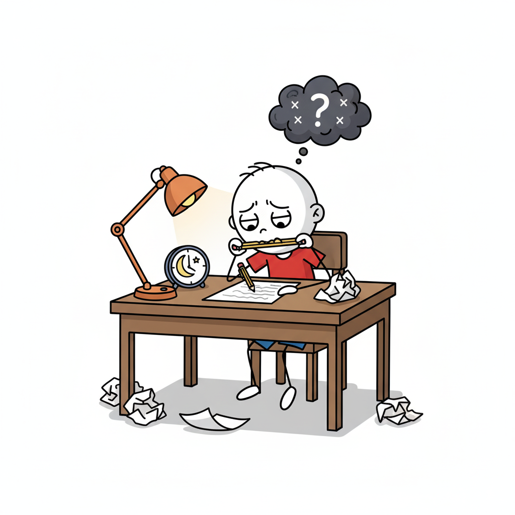 Alt Text: Student struggling with English creative writing before using AI model answers