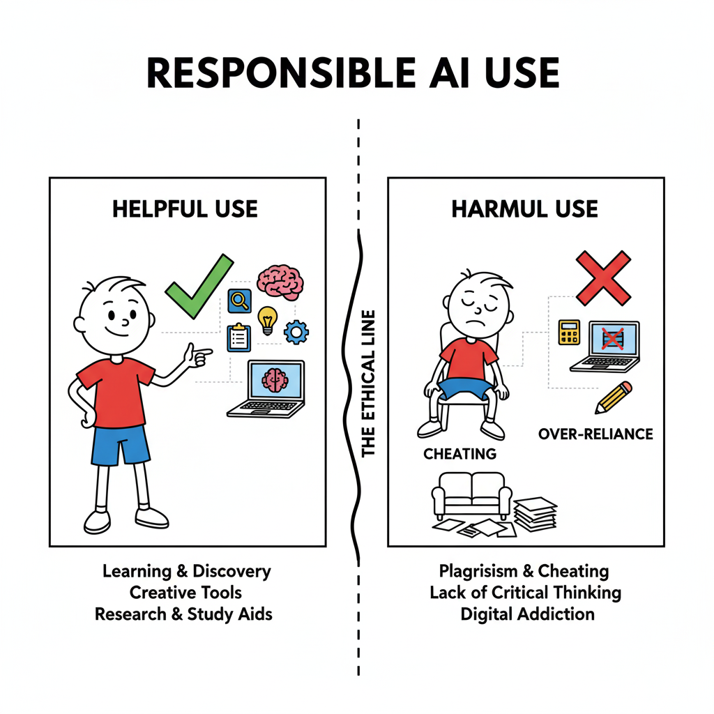 Diagram showing the ethical line distinguishing helpful vs. harmful use to teach responsible AI use to children.