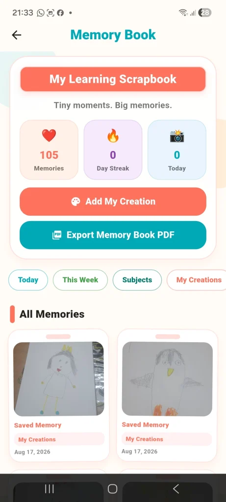 Memory Book keepsake feature in PlanIt Play homeschool app