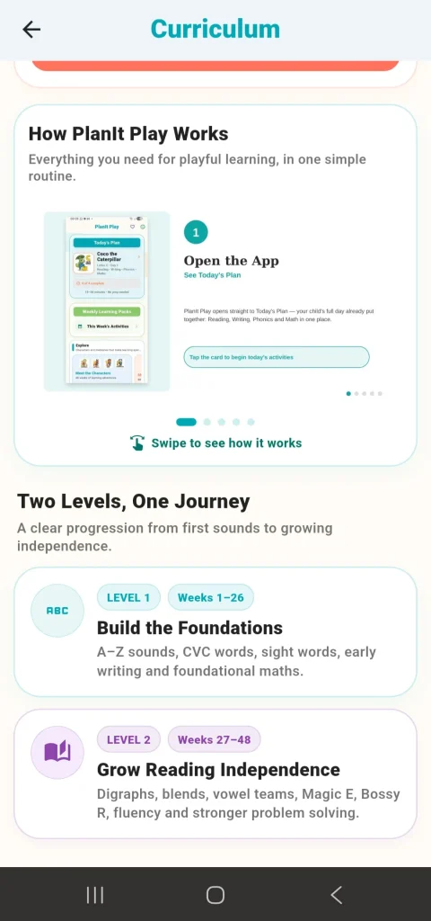 PlanIt Play curriculum overview showing two levels for ages 3–7